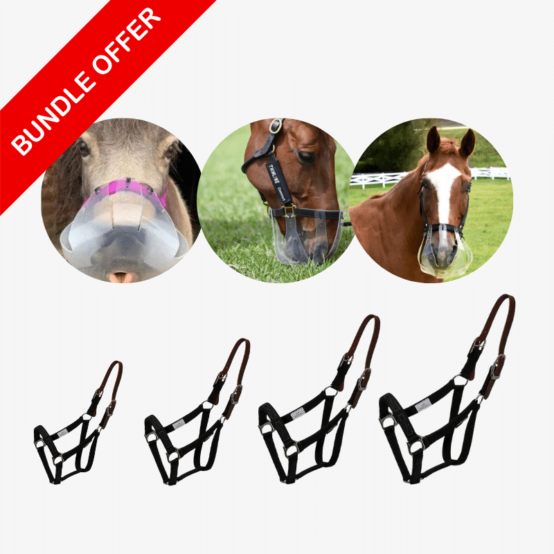 Startpakket met drie grazende muzzles in verschillende maten en bijpassende ThinLine halsters