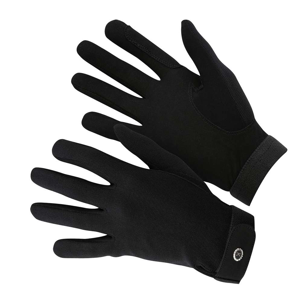 Zwarte rijhandschoen met zweetabsorberende handpalm en klittenbandsluiting voor alle disciplines