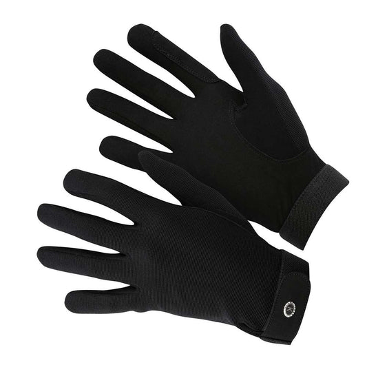 Zwarte rijhandschoen met zweetabsorberende handpalm en klittenbandsluiting voor alle disciplines