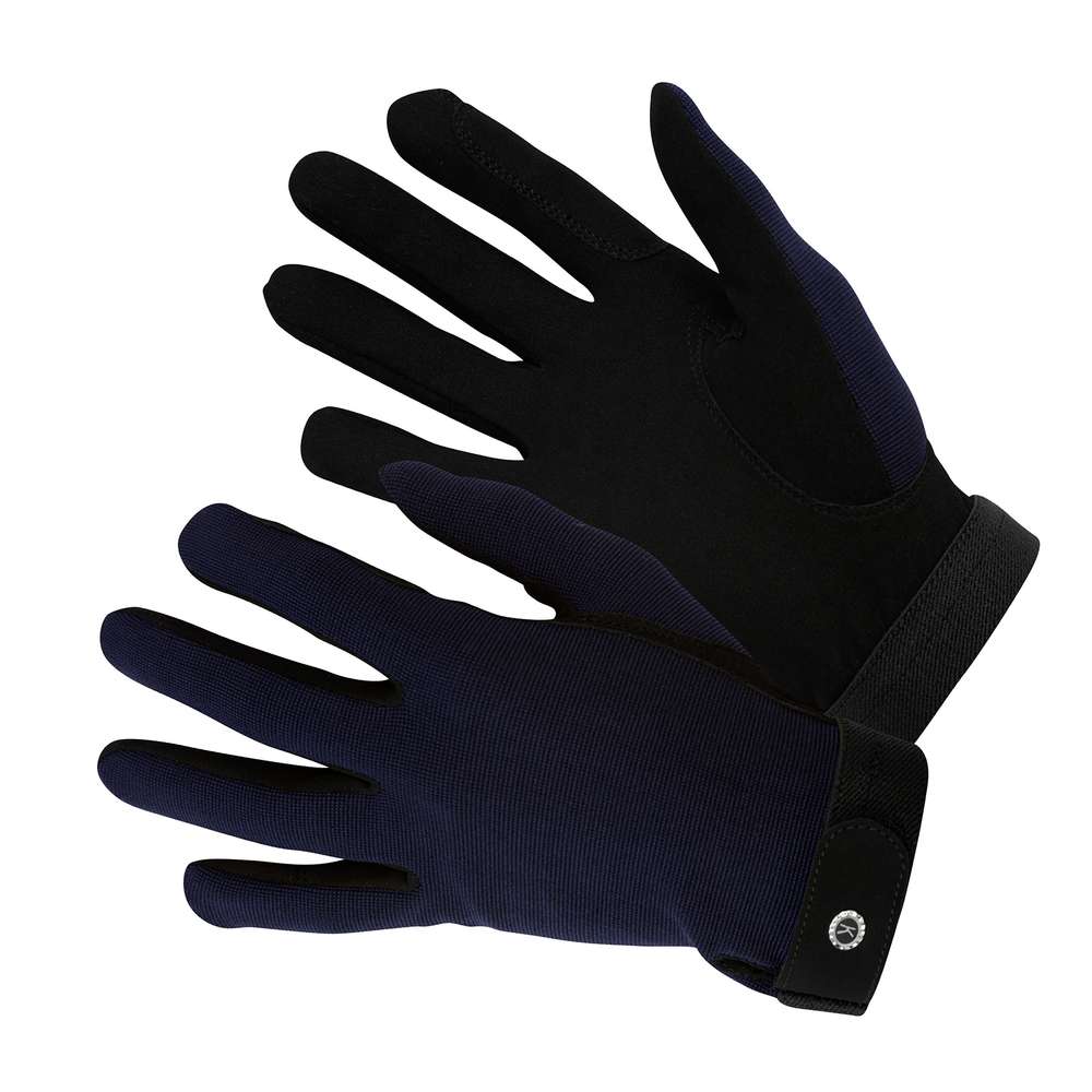 Donkerblauwe rijhandschoen met zweetabsorberende handpalm en klittenbandsluiting voor alle disciplines