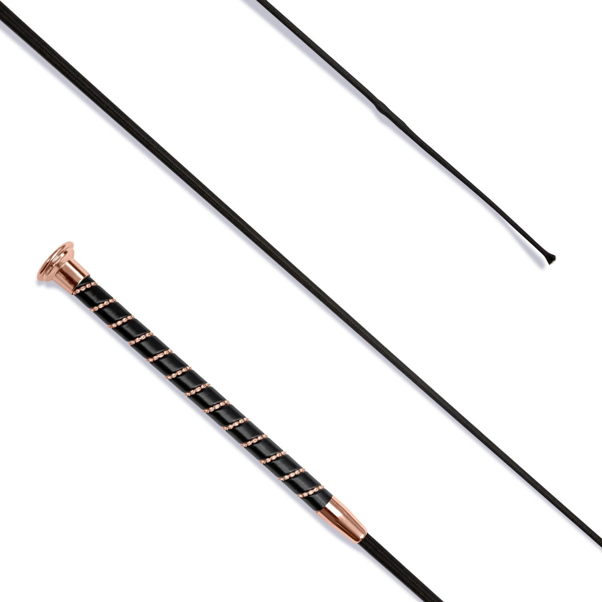 Dressuurzweep van 110cm met zwarte grip en glinsterende kristallen spiraal in zilver of roségoud