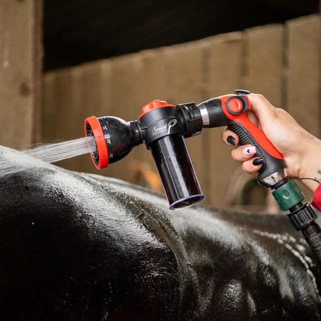 Wasspuit met ingebouwd zeepreservoir, 10 sproeistanden en éénhandige bediening voor snel paarden wassen