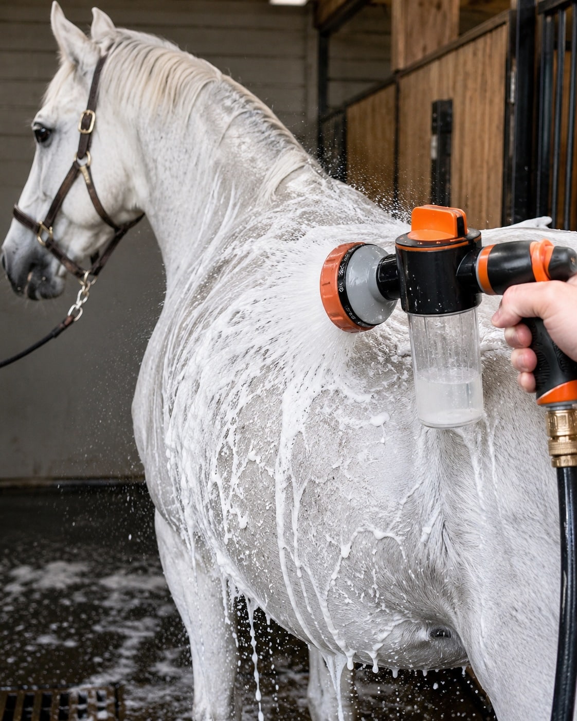 Wasspuit met geïntegreerde zeepdispenser en éénhandige bediening voor snel en gemakkelijk paarden wassen